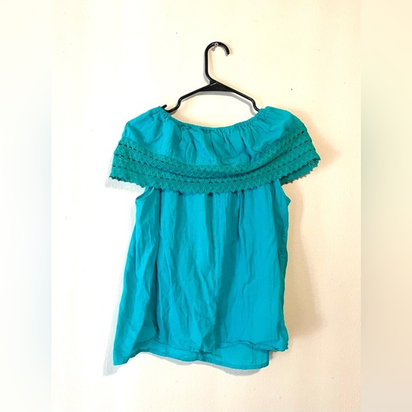 Embroidered Teal Mexican Style Sleeveless Off Shoulder Blouse Women's Size Med - Picture 6 of 8